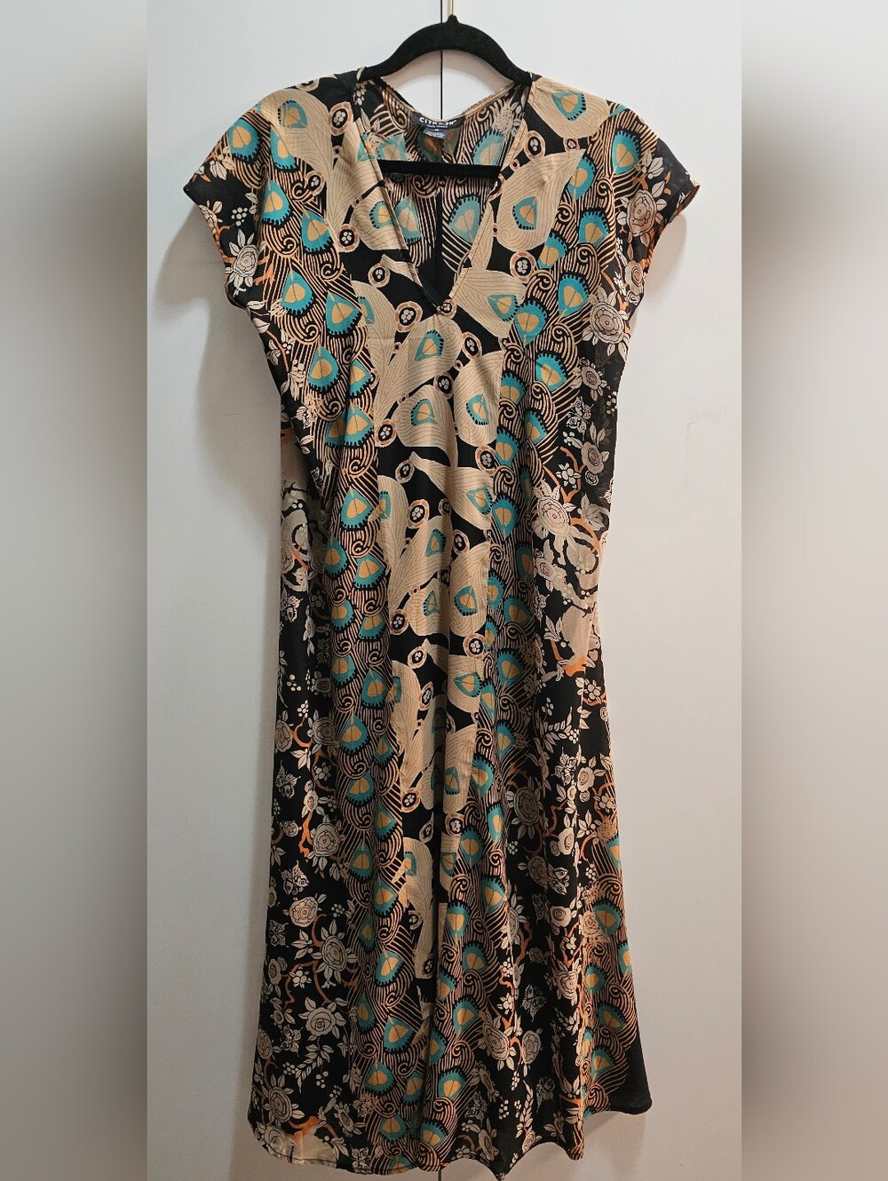 CITRON Black Floral & Teal Silk Blend Patterned V-Neck Women's Dress